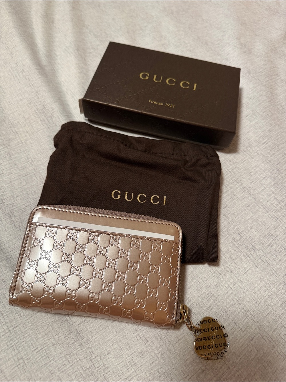 Gucci Rose Gold Patent GG Zip Card Wallet with Charm